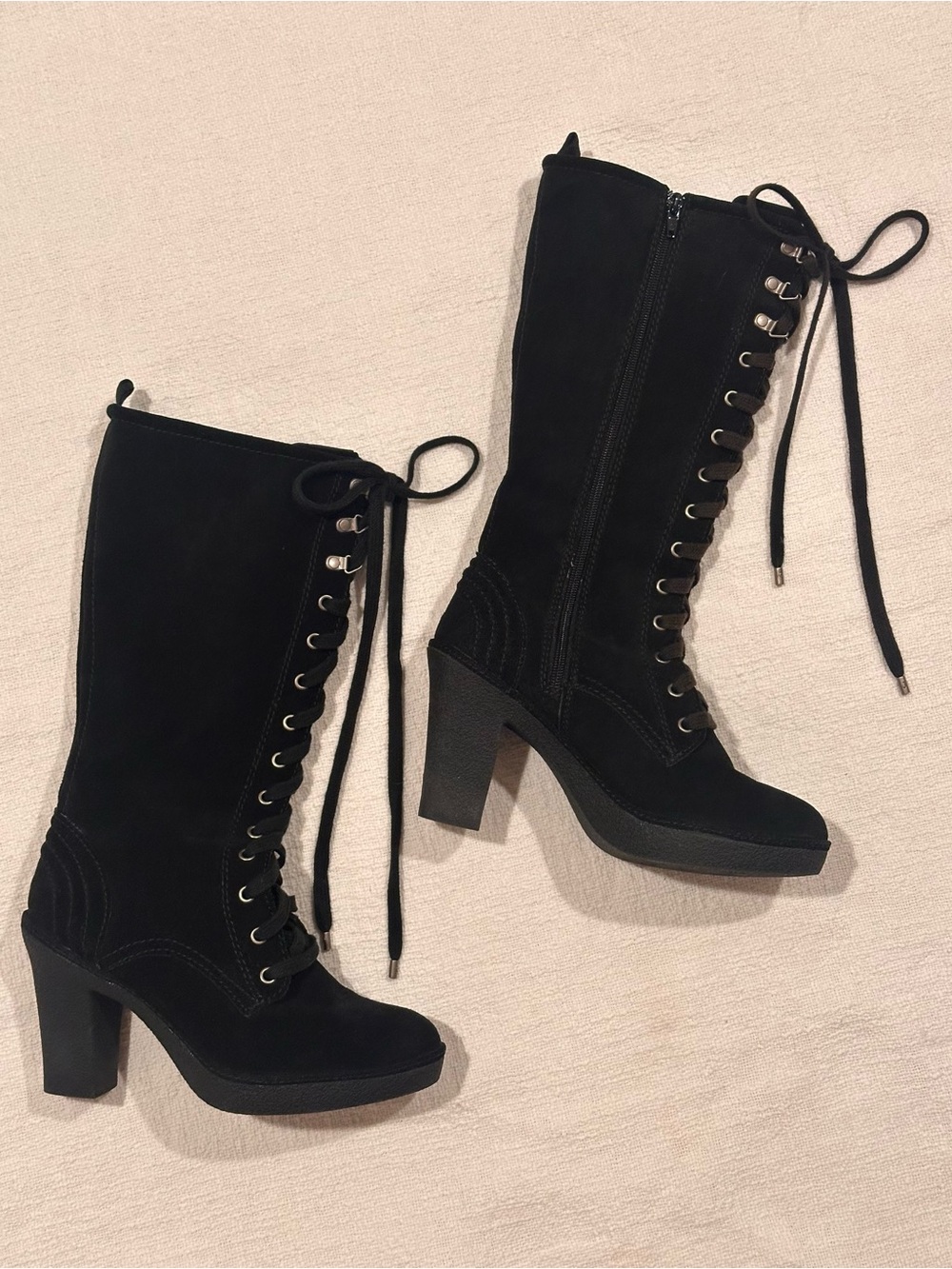 Juicy Couture Black Suede Lace Up Side Zip Chunky Heel Boots US 9